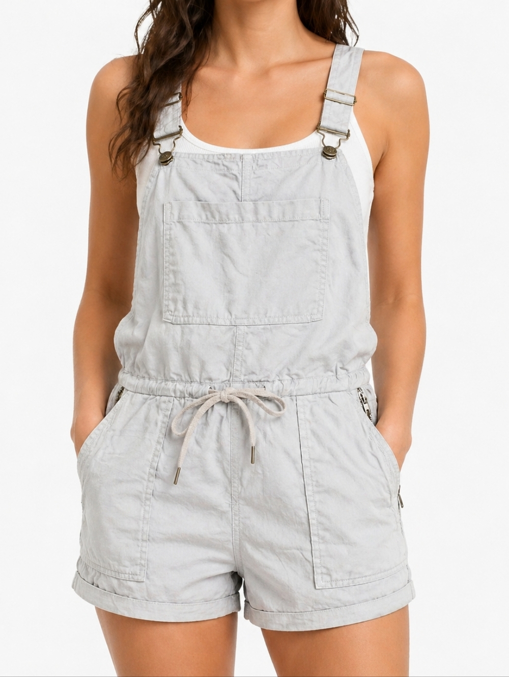Wilfred Free ($130) Light Gray Utility Romper Adjustable Strap Shorts Jumpsuit
